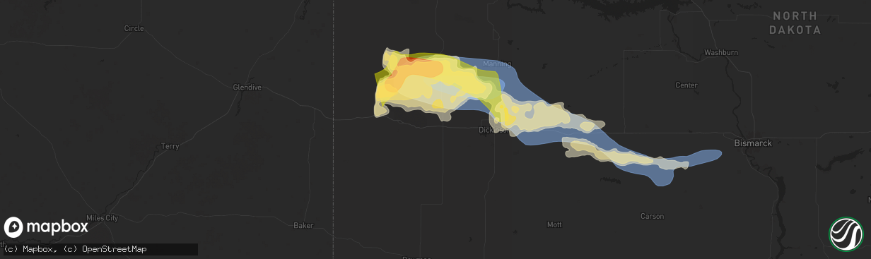 Hail map in Belfield, ND on July 28, 2025