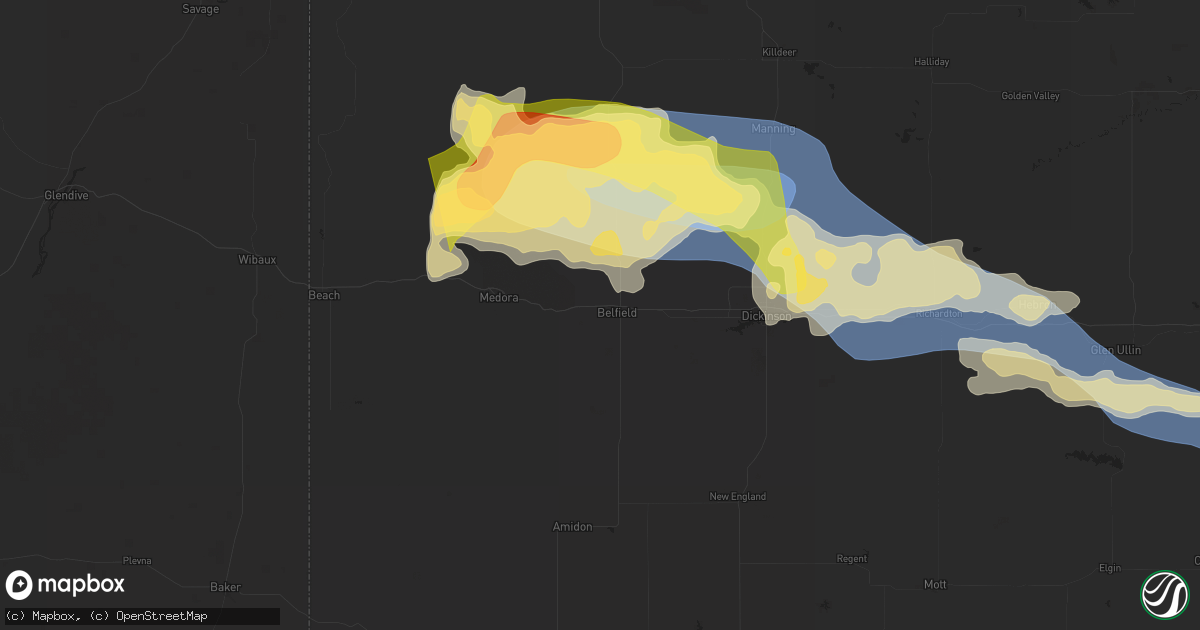 Hail map in Belfield, ND on July 28, 2025