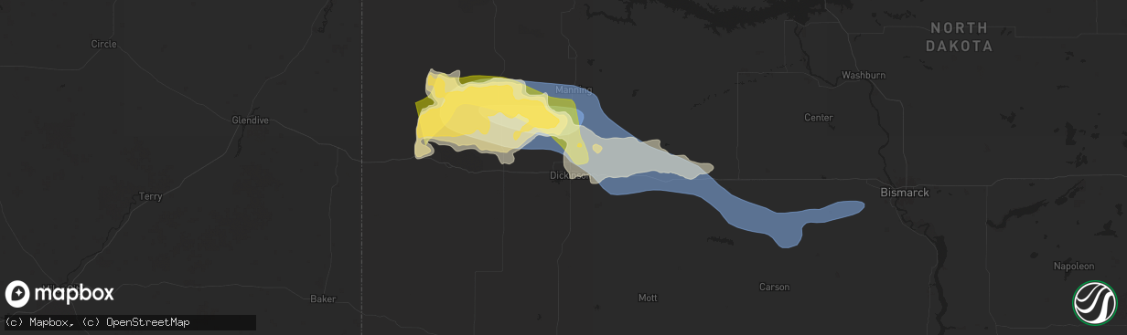 Hail map in Dickinson, ND on July 28, 2025