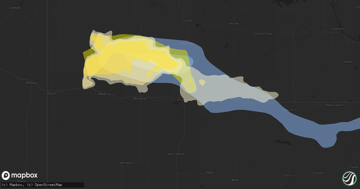 Hail map in Dickinson, ND on July 28, 2025