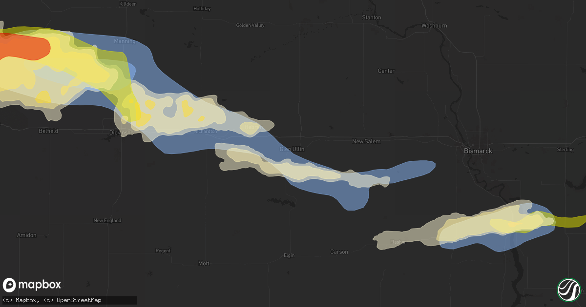 Hail map in Glen Ullin, ND on July 28, 2025