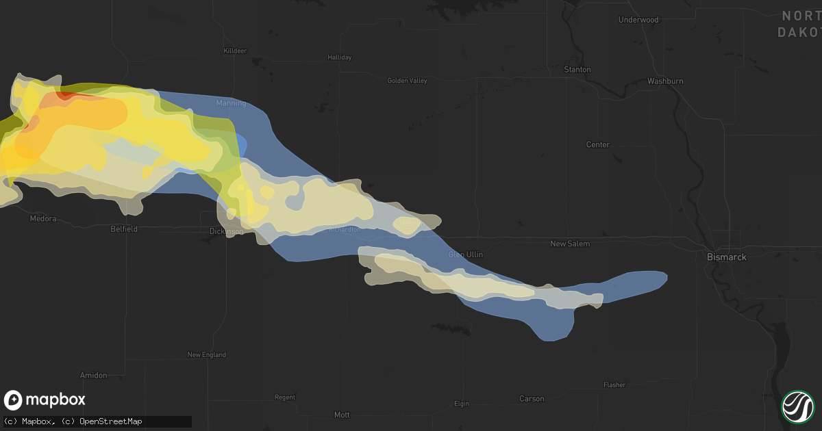 Hail map in Hebron, ND on July 28, 2025