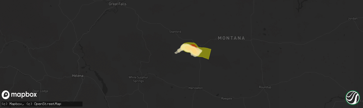 Hail map in Hobson, MT on July 28, 2025