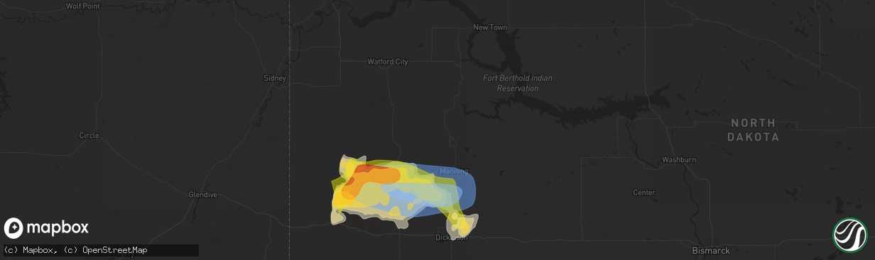 Hail map in Killdeer, ND on July 28, 2025