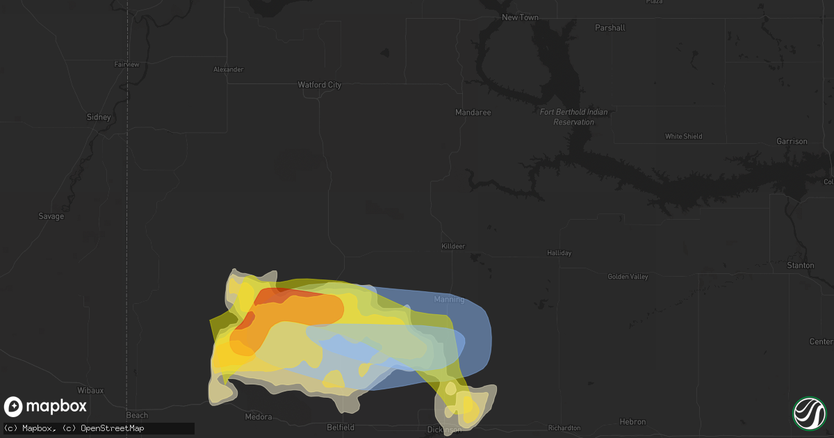 Hail map in Killdeer, ND on July 28, 2025