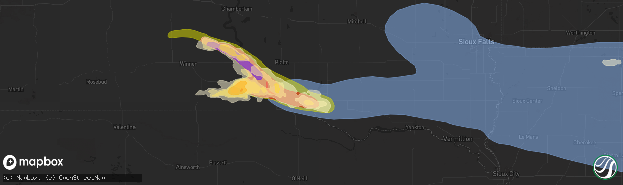 Hail map in Lake Andes, SD on July 28, 2025