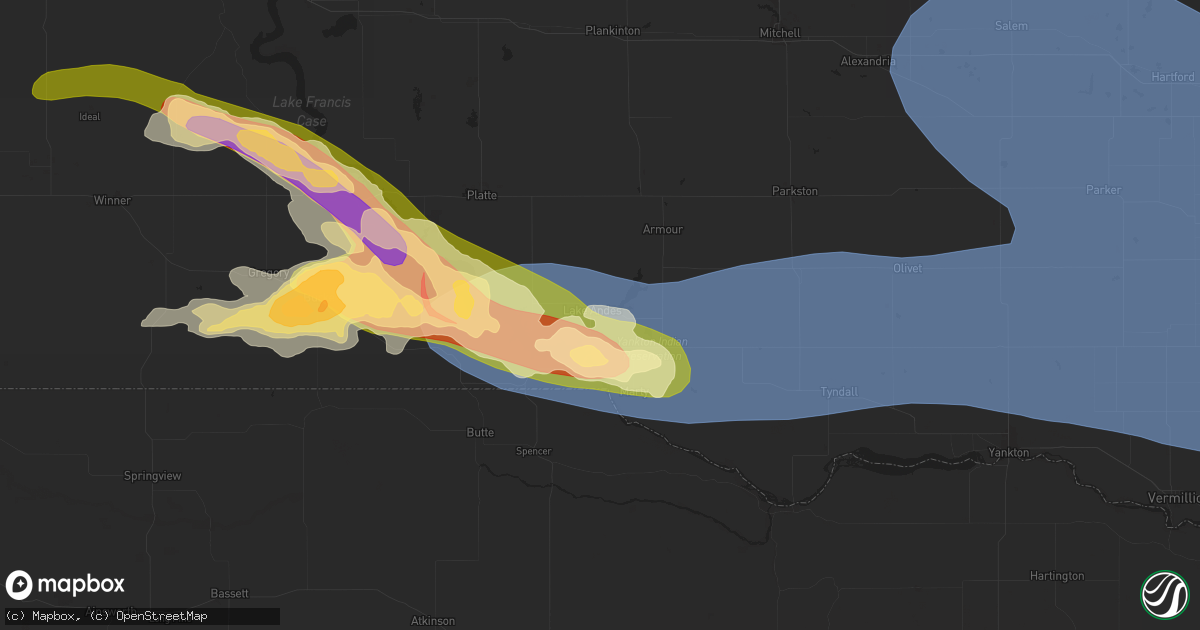 Hail map in Lake Andes, SD on July 28, 2025