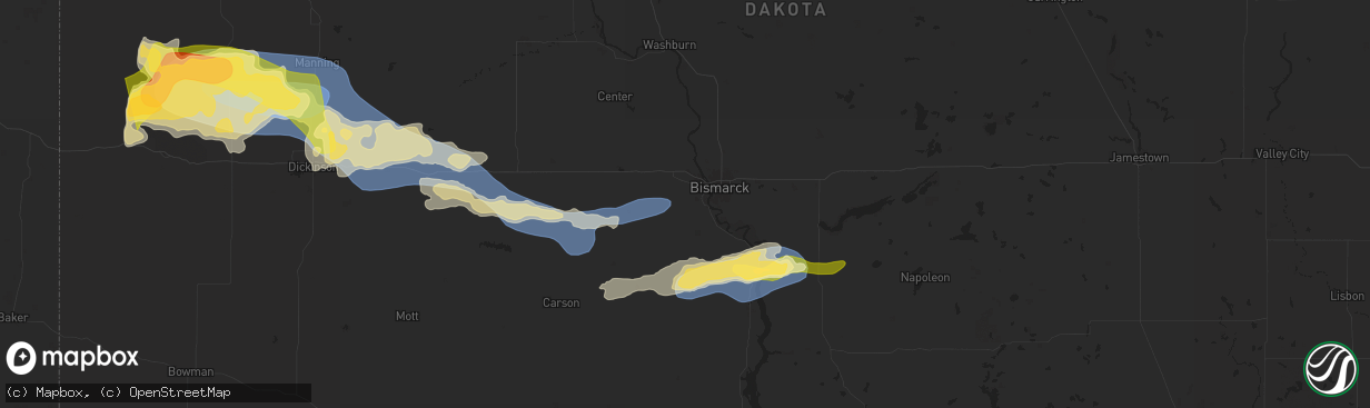 Hail map in Mandan, ND on July 28, 2025