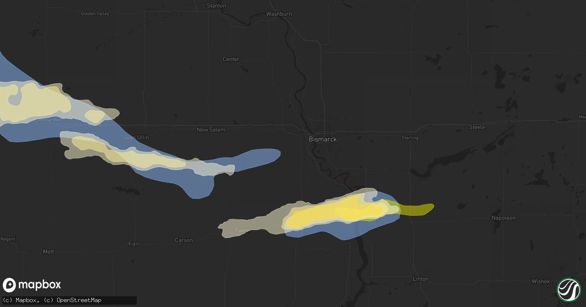 Hail map in Mandan, ND on July 28, 2025
