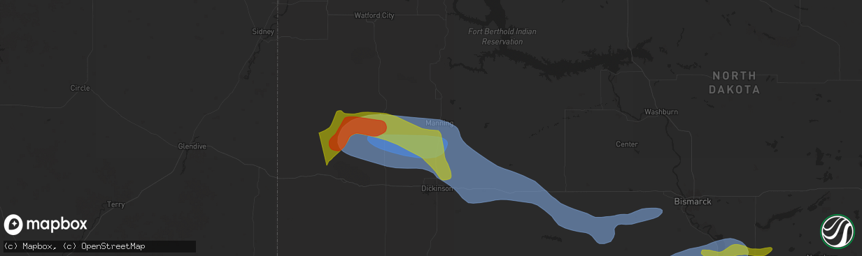 Hail map in Manning, ND on July 28, 2025