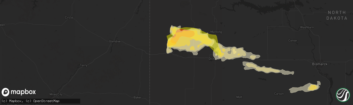 Hail map in Medora, ND on July 28, 2025