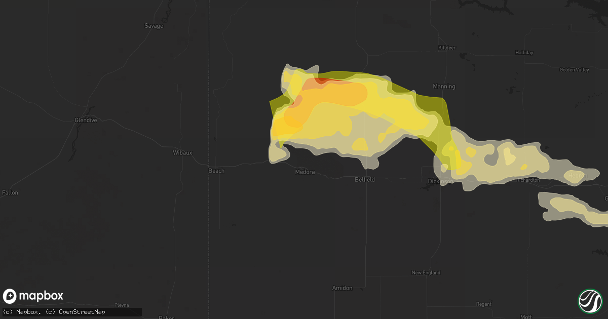 Hail map in Medora, ND on July 28, 2025