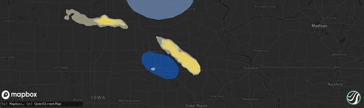 Hail map in Oelwein, IA on July 28, 2025