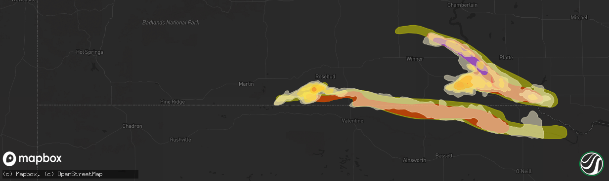 Hail map in Saint Francis, SD on July 28, 2025