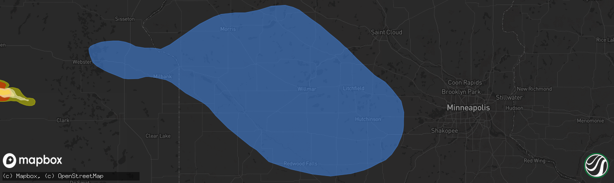 Hail map in Willmar, MN on July 28, 2025