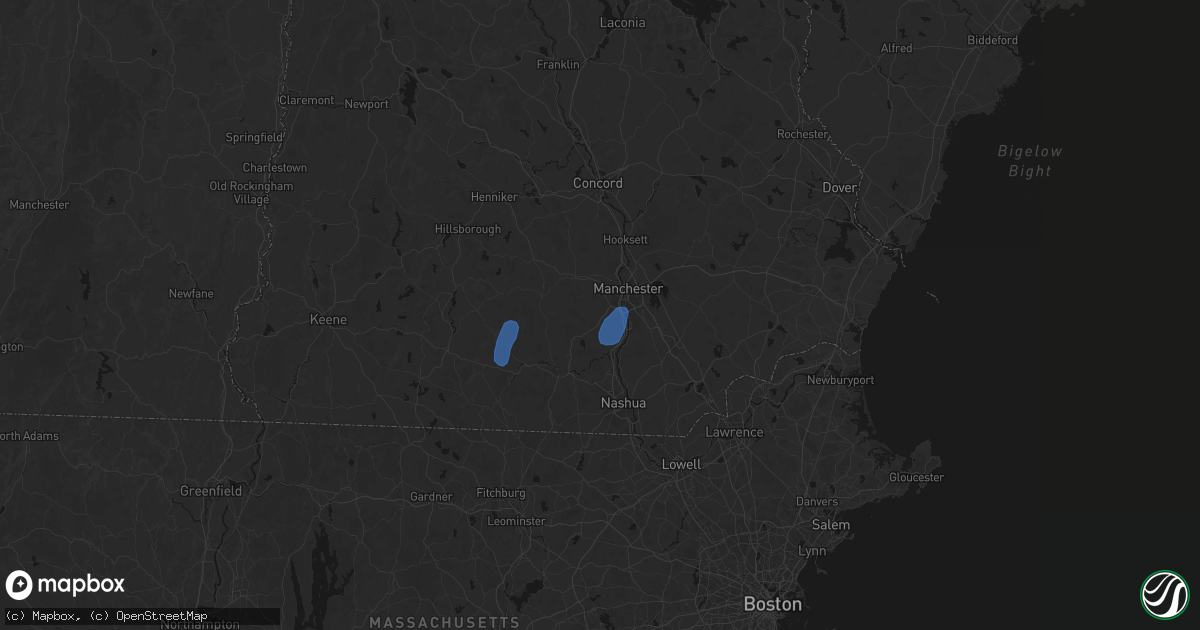 Hail map in Bedford, NH on July 28, 2026