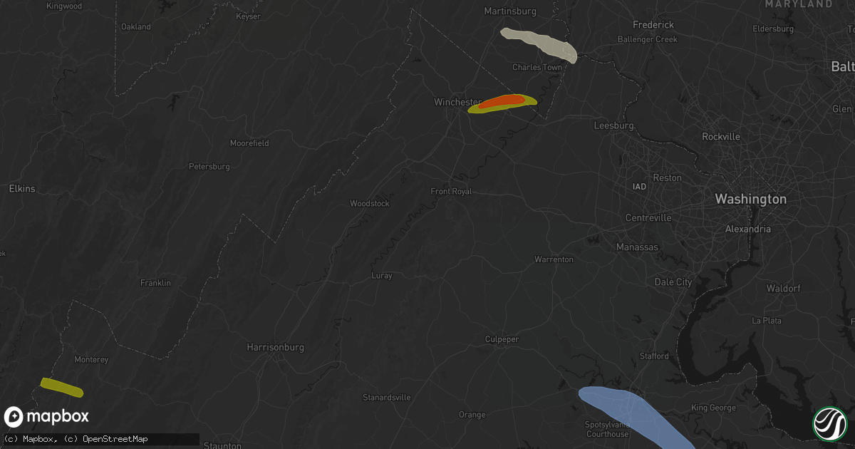 Hail map in Bentonville, VA on July 28, 2026