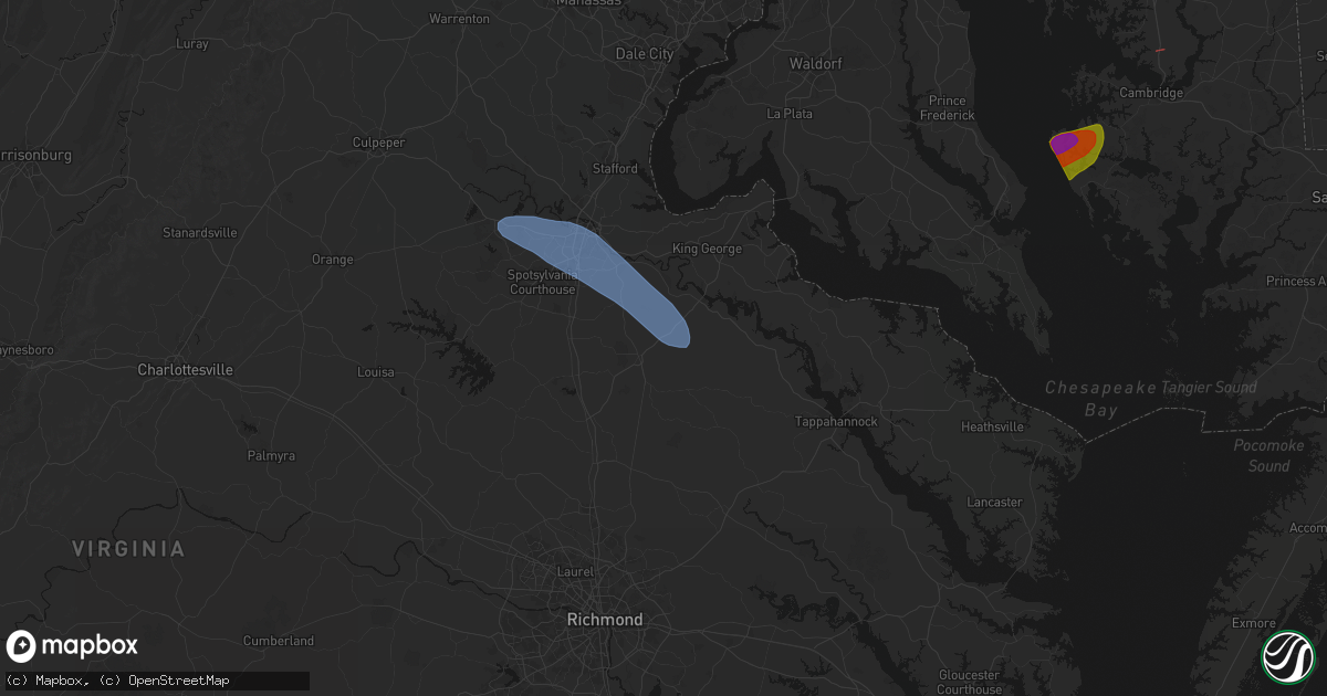 Hail map in Bowling Green, VA on July 28, 2026