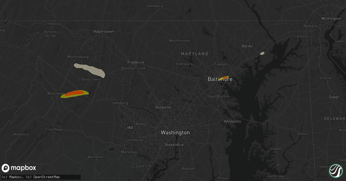 Hail map in Brookeville, MD on July 28, 2026