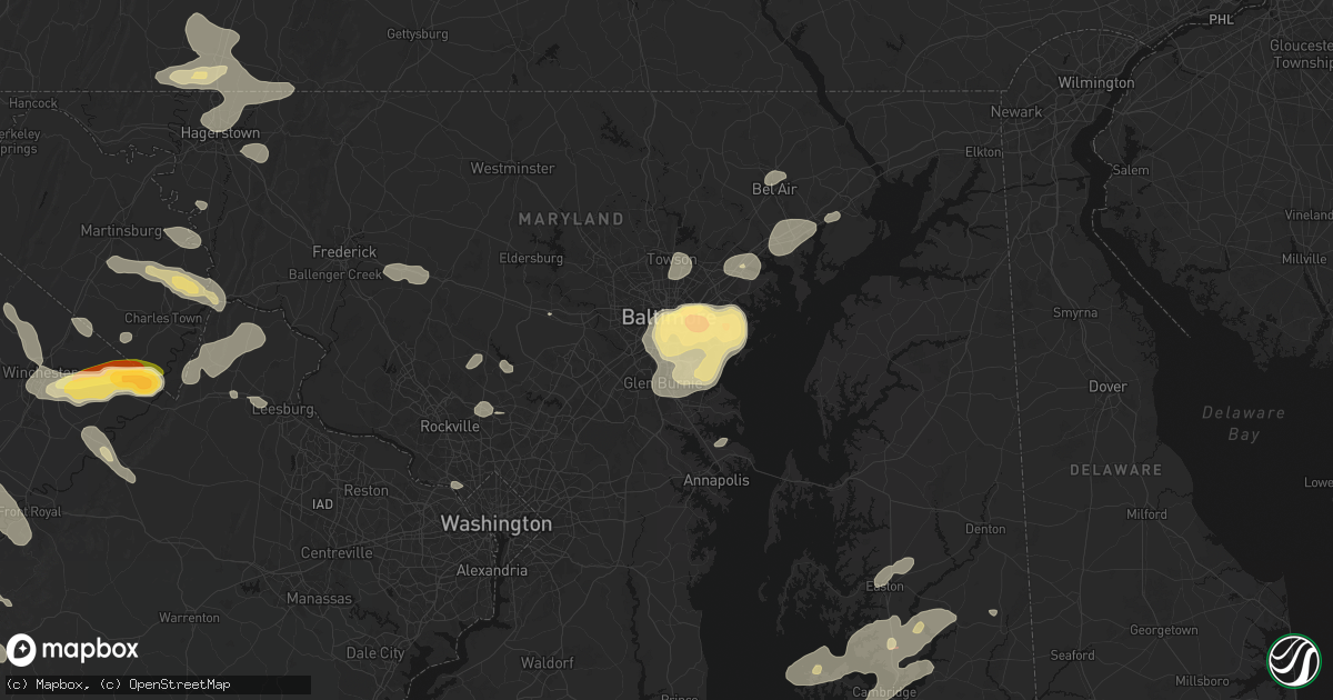 Hail map in Brooklyn, MD on July 28, 2026