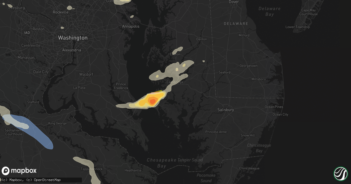Hail map in Cambridge, MD on July 28, 2026