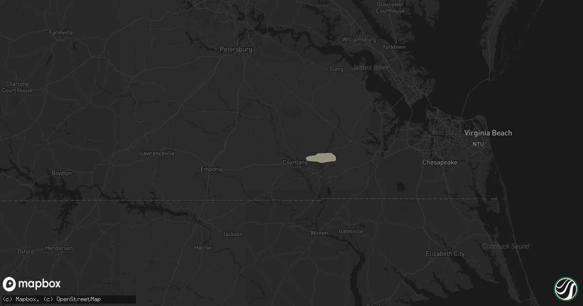 Hail map in Courtland, VA on July 28, 2026