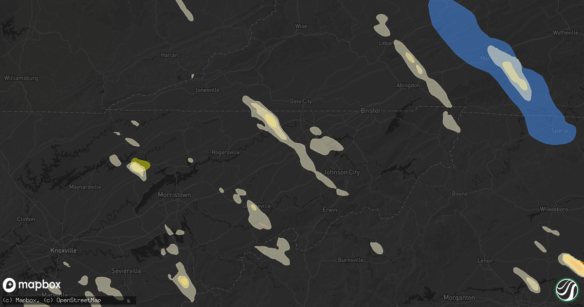 Hail map in Fall Branch, TN on July 28, 2026