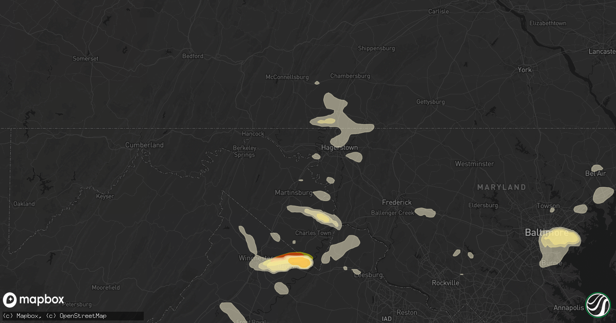 Hail map in Falling Waters, WV on July 28, 2026