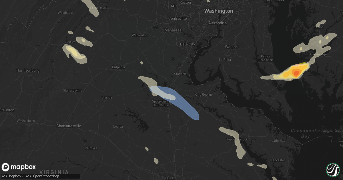 Hail map in Fredericksburg, VA on July 28, 2026