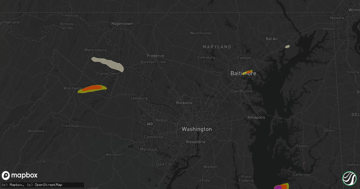 Hail map in Gaithersburg, MD on July 28, 2026