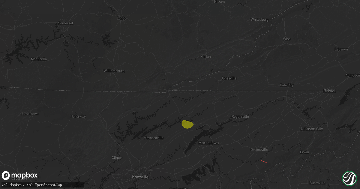 Hail map in Harrogate, TN on July 28, 2026