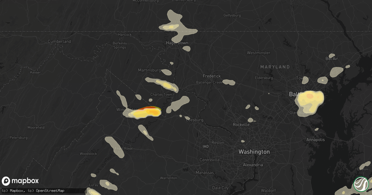 Hail map in Lovettsville, VA on July 28, 2026