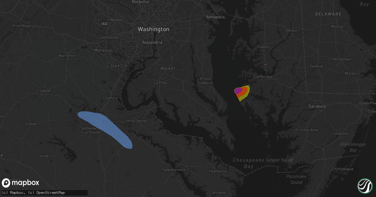Hail map in Mechanicsville, MD on July 28, 2026
