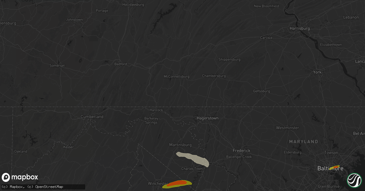 Hail map in Mercersburg, PA on July 28, 2026
