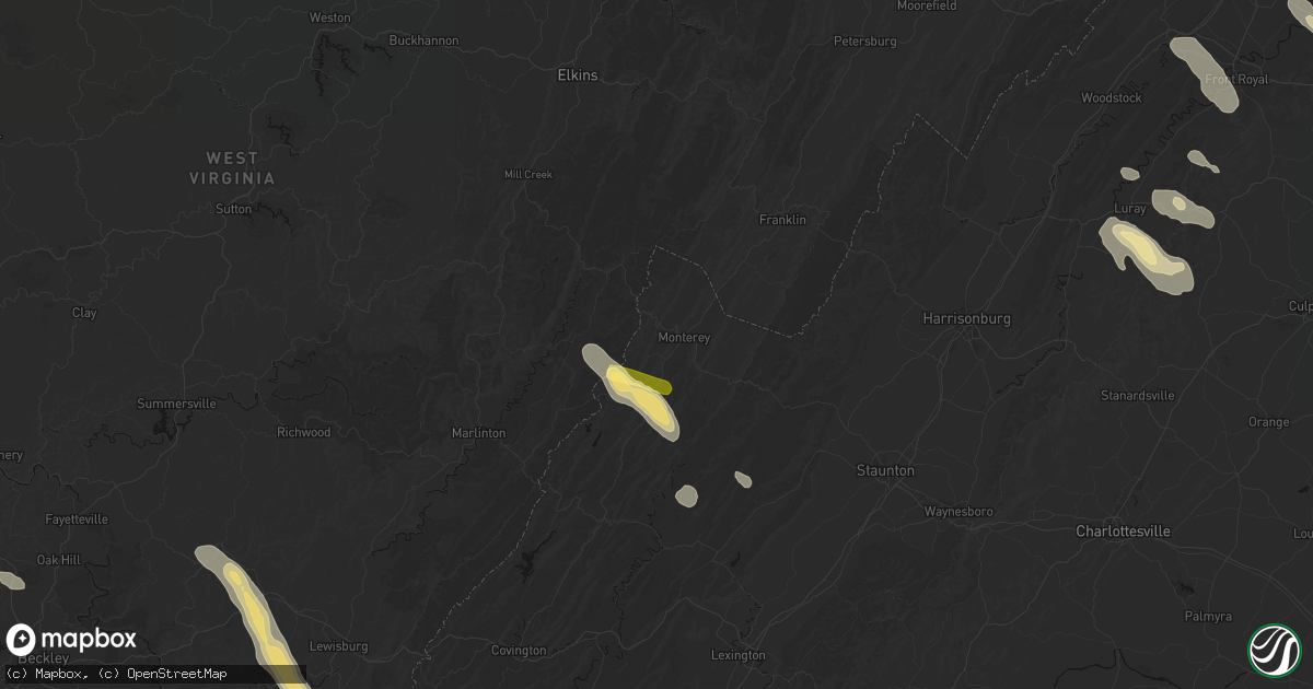 Hail map in Monterey, VA on July 28, 2026