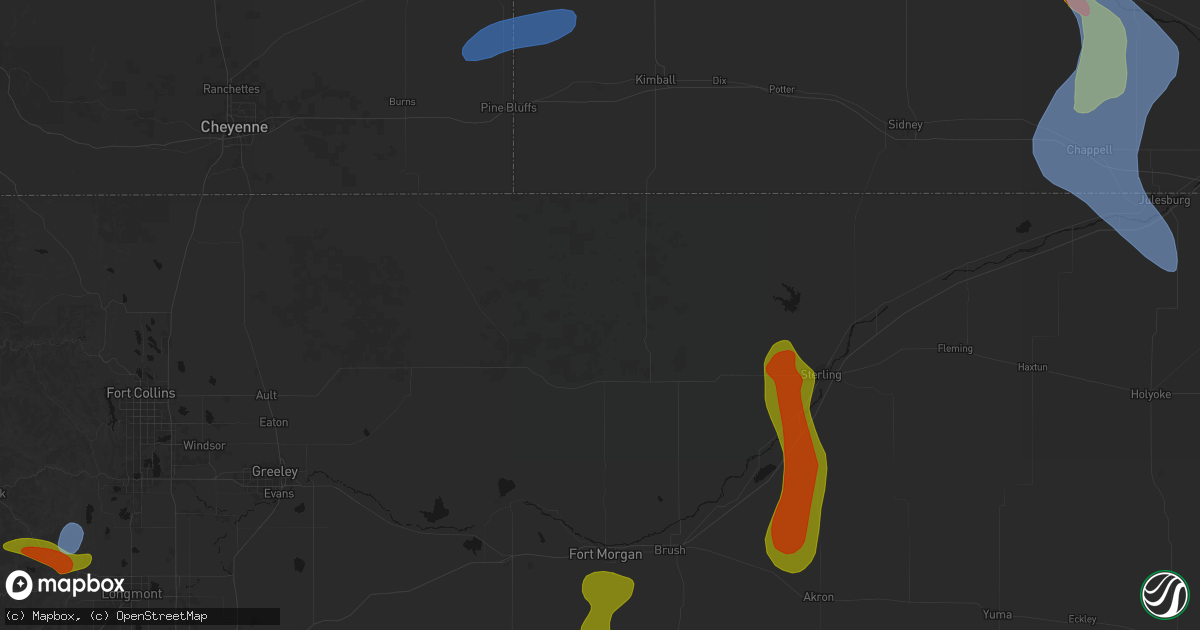 Hail map in New Raymer, CO on July 28, 2026