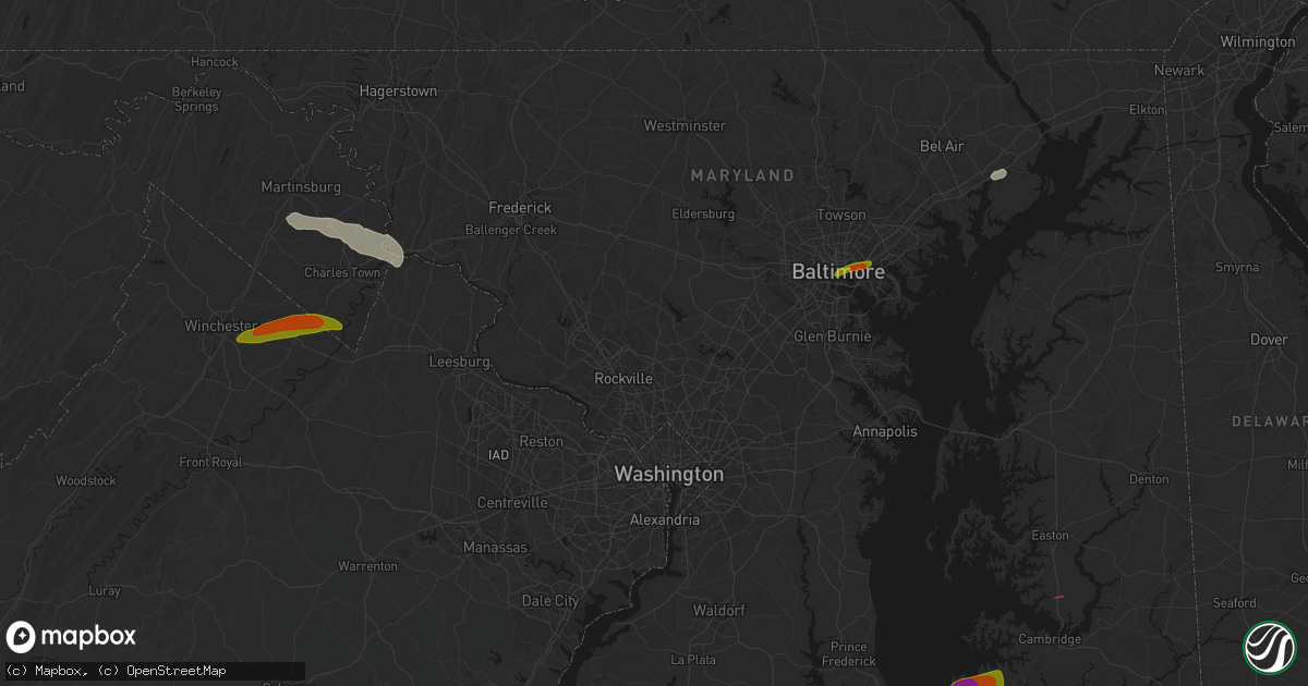 Hail map in Olney, MD on July 28, 2026