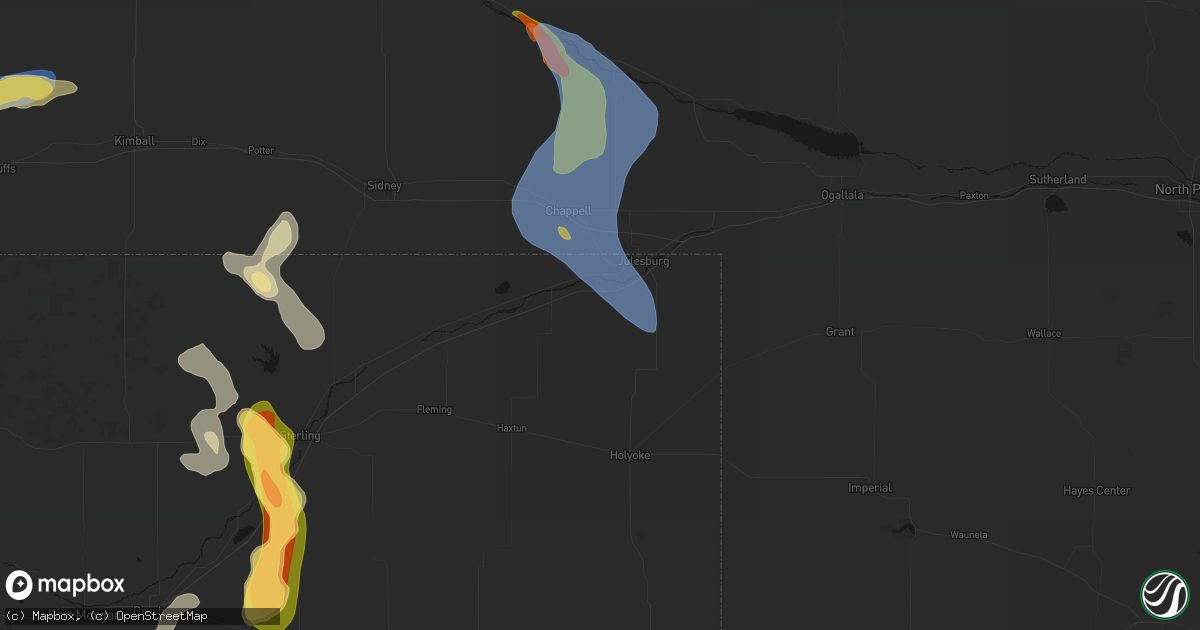 Hail map in Ovid, CO on July 28, 2026