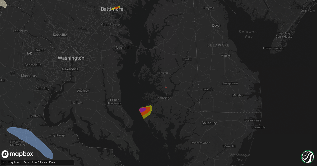Hail map in Oxford, MD on July 28, 2026