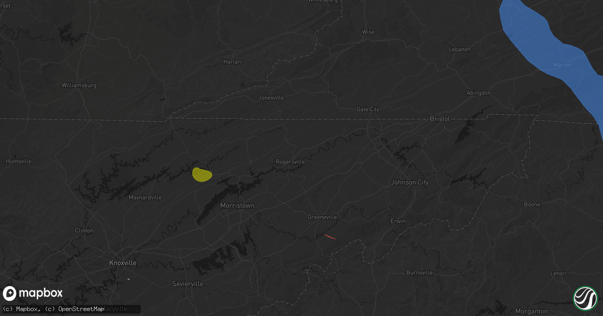 Hail map in Rogersville, TN on July 28, 2026