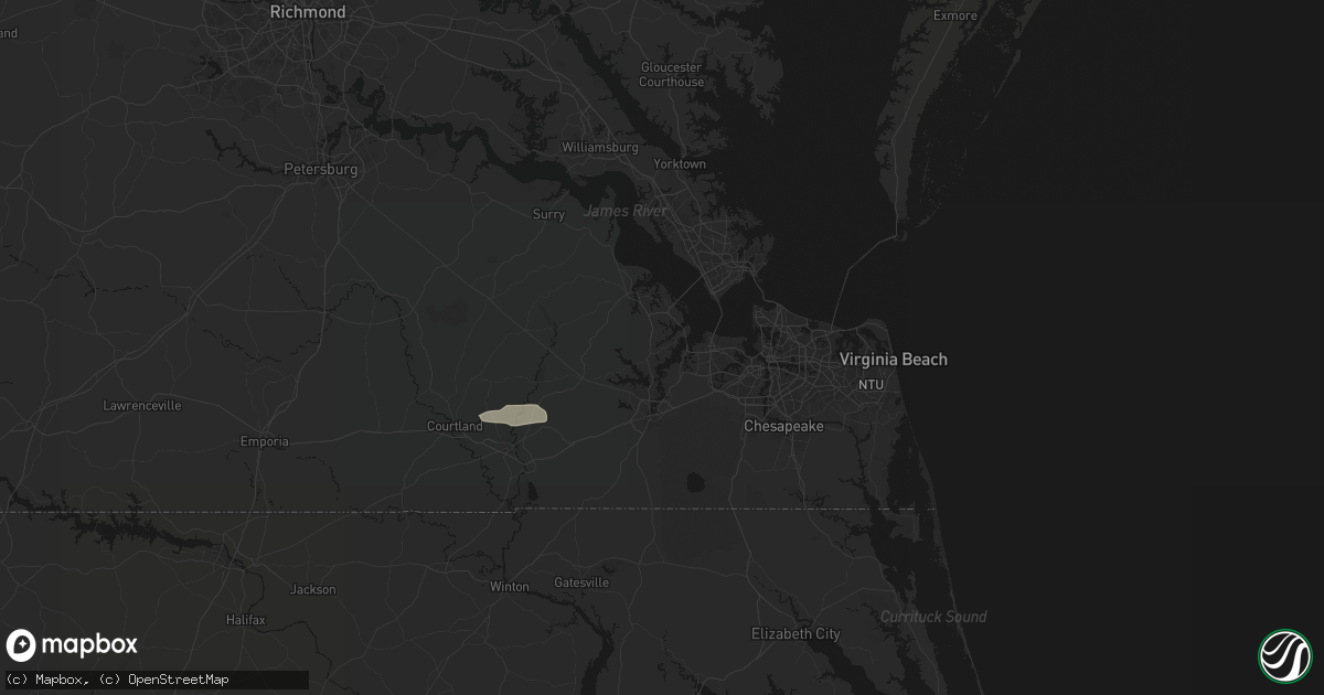 Hail map in Suffolk, VA on July 28, 2026