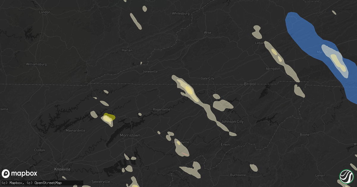 Hail map in Surgoinsville, TN on July 28, 2026