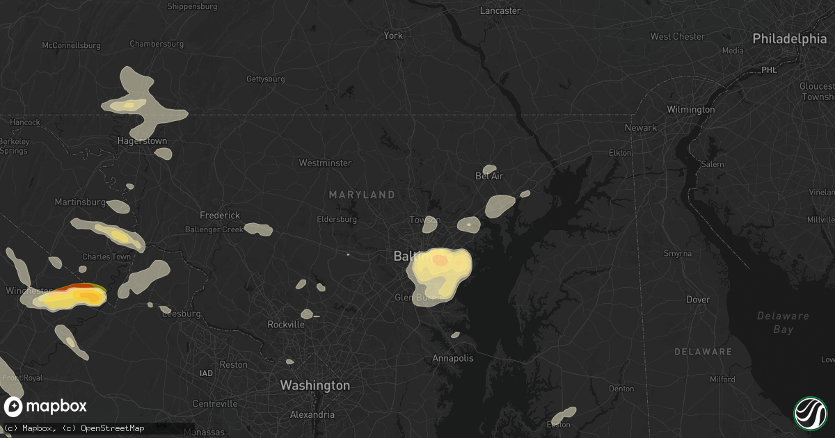 Hail map in Towson, MD on July 28, 2026
