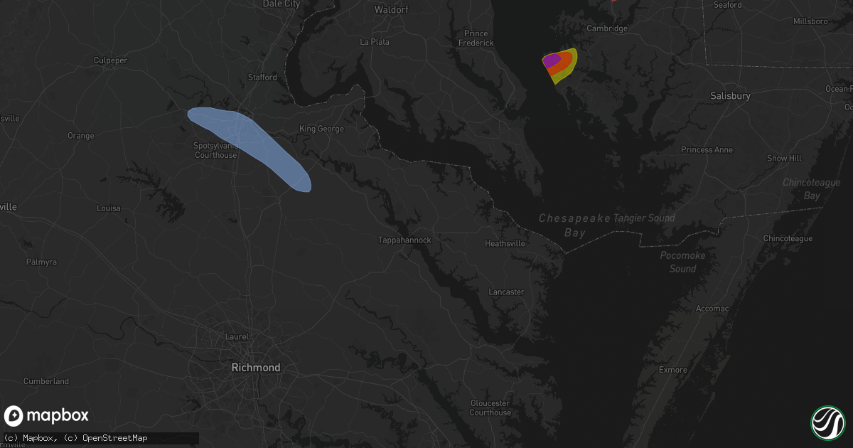 Hail map in Warsaw, VA on July 28, 2026