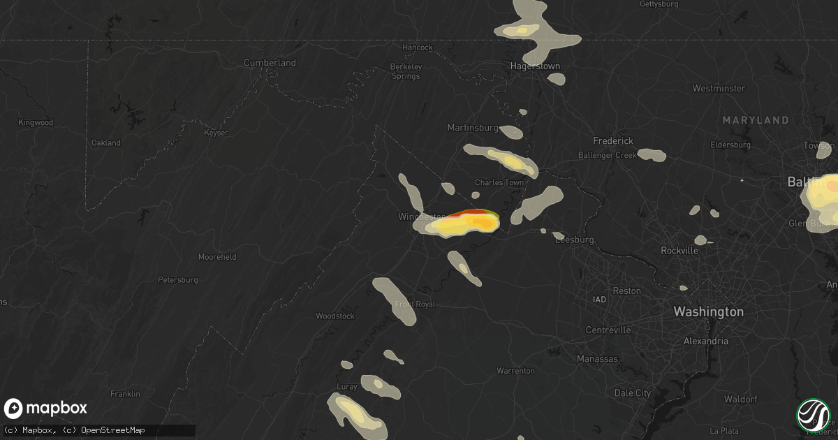 Hail map in Winchester, VA on July 28, 2026