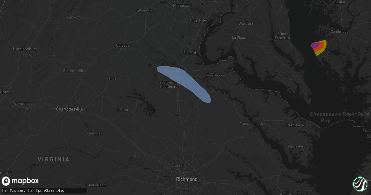 Hail map in Woodford, VA on July 28, 2026