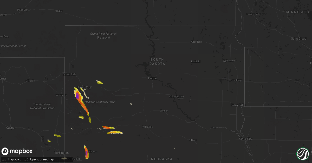 Hail map in South Dakota on July 29, 2016