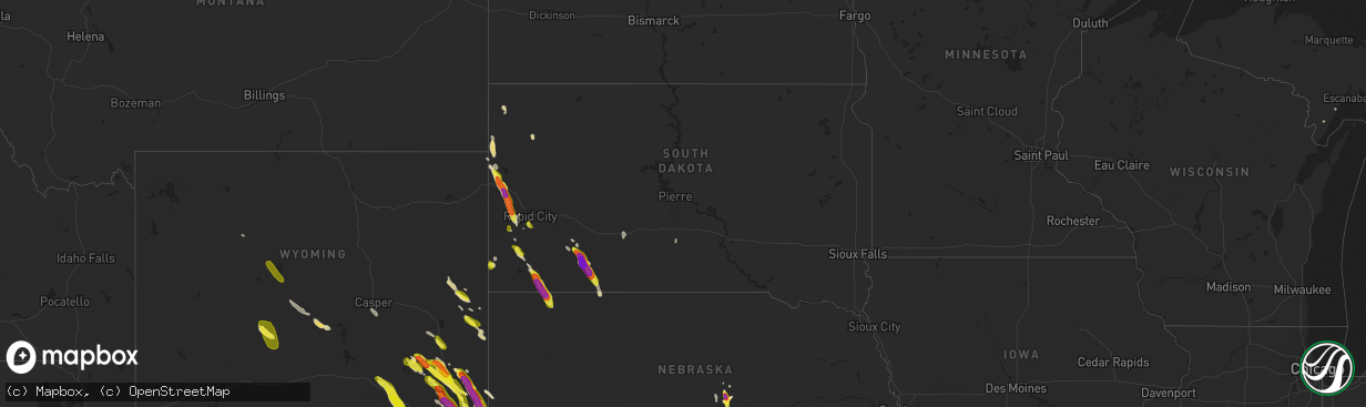 Hail map in South Dakota on July 29, 2018