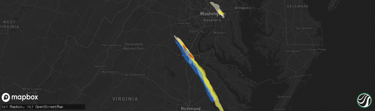 Hail map in Fredericksburg, VA on July 29, 2021