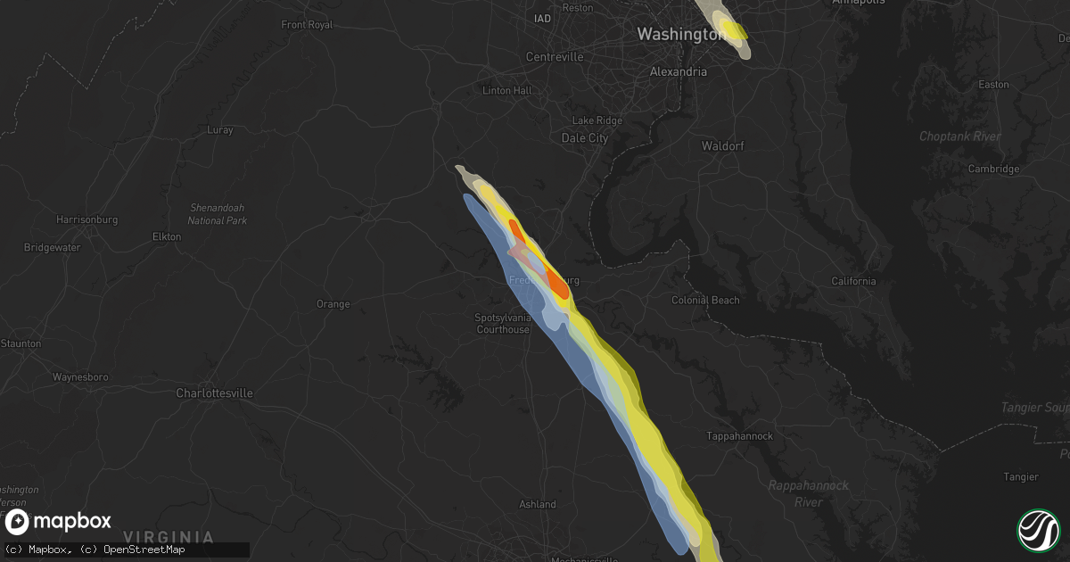 Hail map in Fredericksburg, VA on July 29, 2021